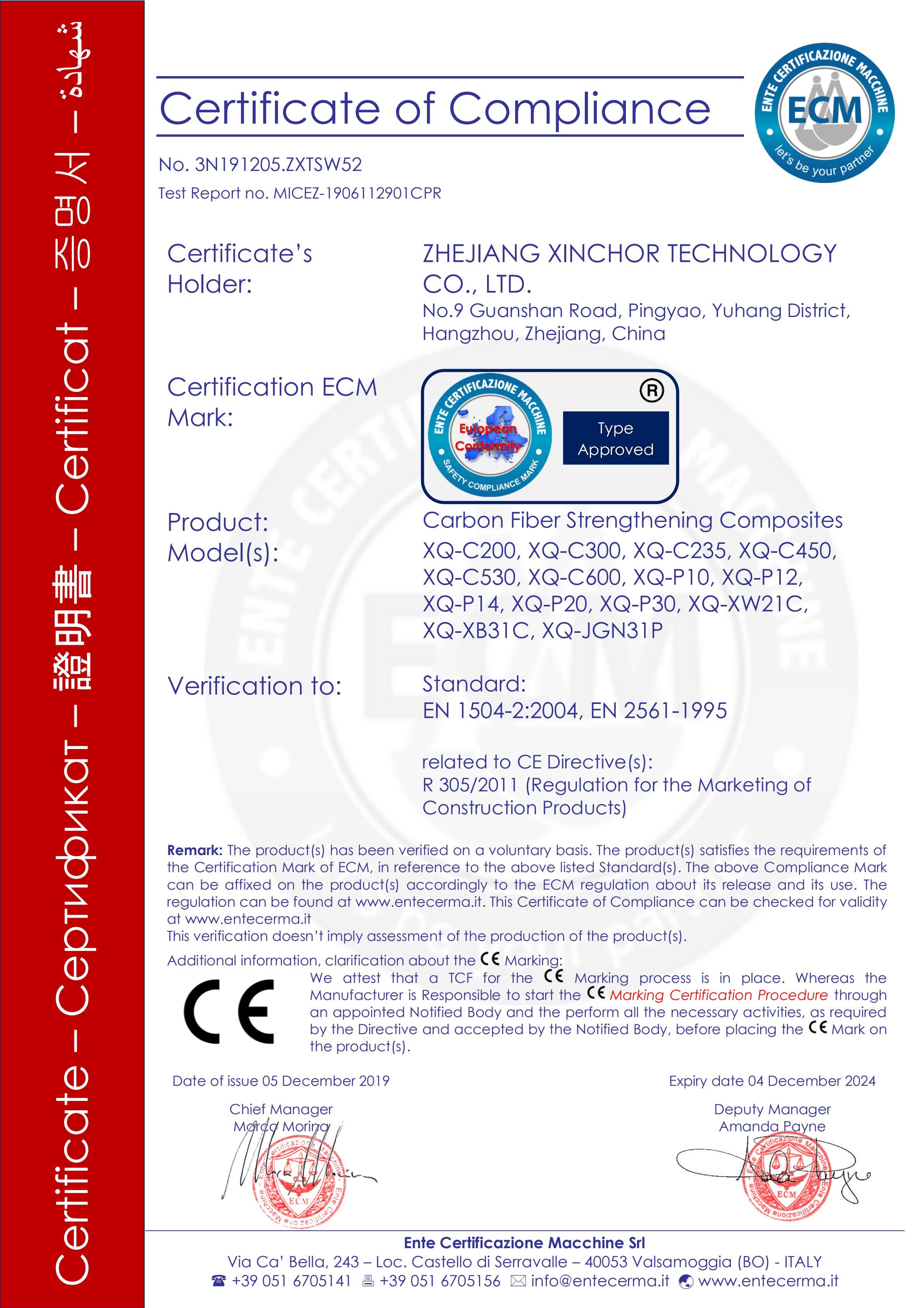 Китай ZHEJIANG XINCHOR TECHNOLOGY CO., LTD. Сертификаты